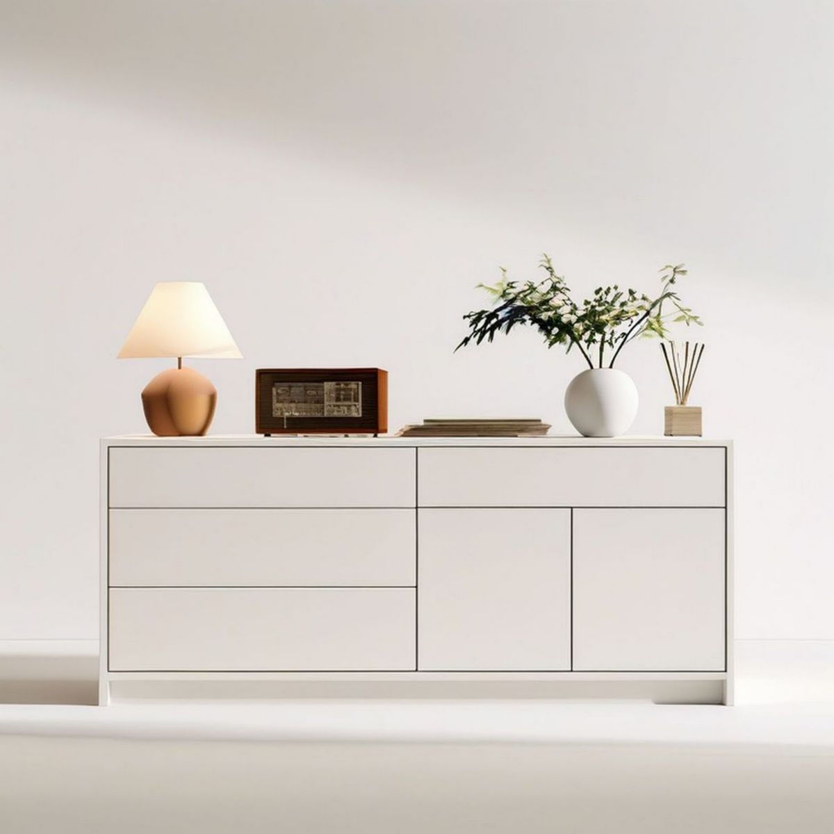 Weisse Kommode mit 4 Schubladen und 2 Türen, 160 x 40 x 80 cm, MDF