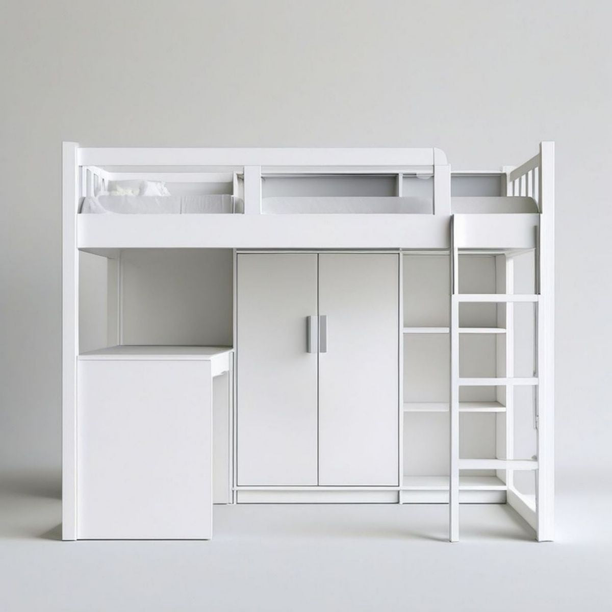 Hochbett 90 x 200 cm mit Schreibtisch, Kleiderschrank und Regal, Weiss, 205 x 105 x 180 cm