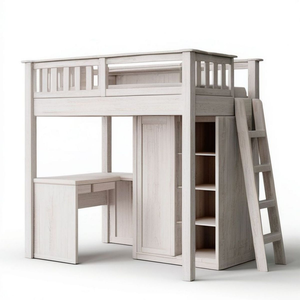 Hochbett 90 x 200 cm mit Schreibtisch, Schrank, Regal und Leiter, Weiss gekalkt