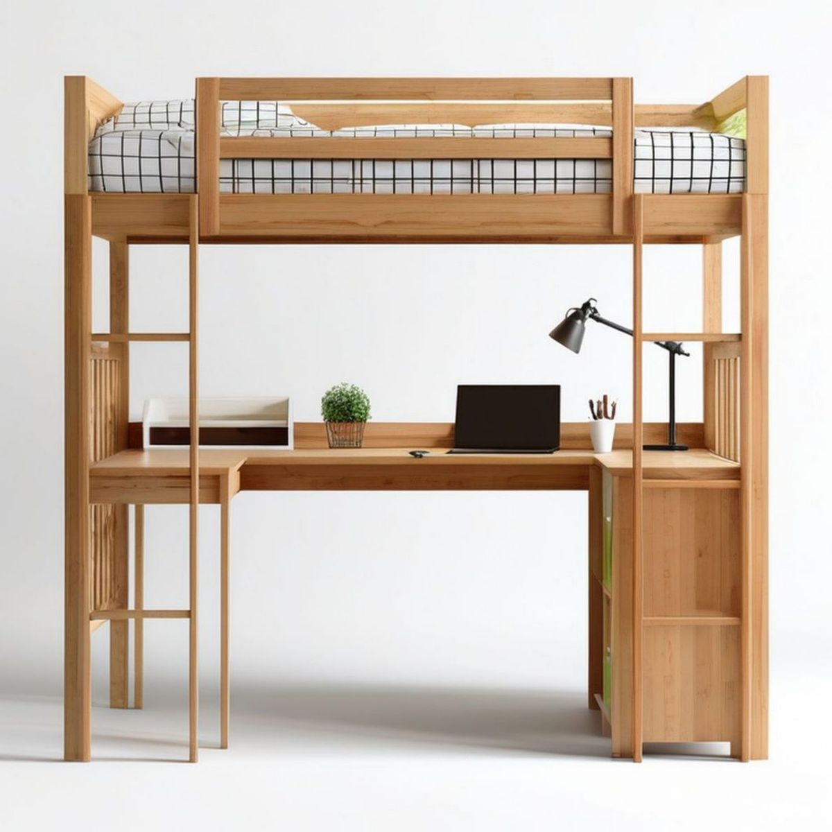 Hochbett aus massivem Bambus Natur mit Schreibtisch, Regal und Leiter, 90 x 200 cm